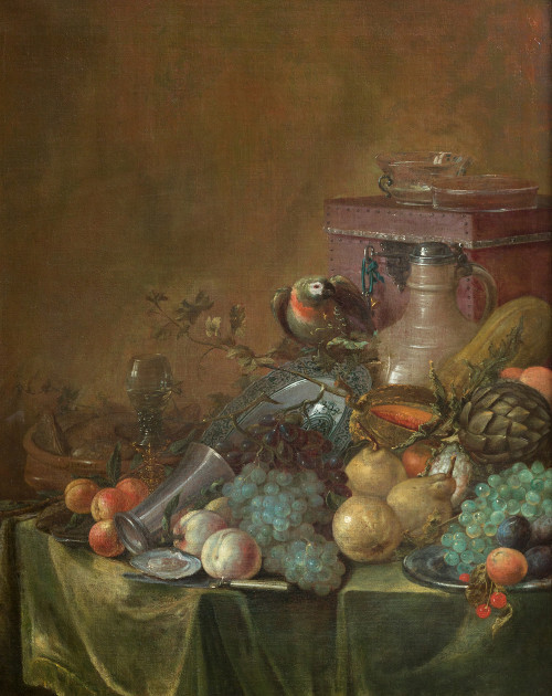 ESCUELA FLAMENCA/S. XVII, "Bodegón de frutas y loro"