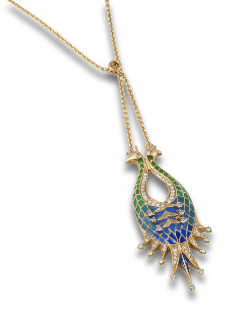 CADENA Y COLGANTE PAVOS REALES ORO ESMALTES