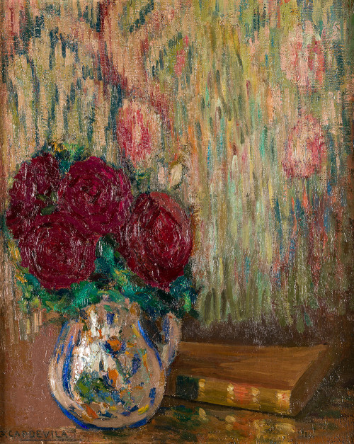 GINÉS CAPDEVILA PUIG, "Jarrón con rosas", Óleo sobre lienzo