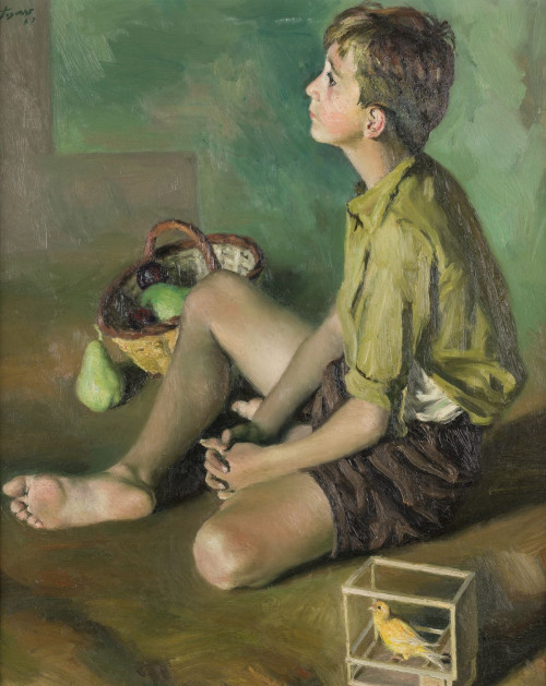 JOSÉ MARÍA TOGORES, "Niño y pajarito", 1957, Óleo sobre lie