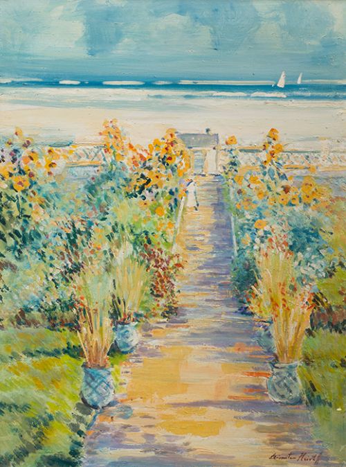DIMITRI HRISTOFF, "Jardin junto a la playa", Óleo sobre lie