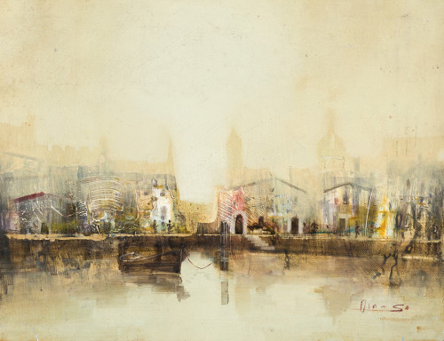 ENRIQUE ALONSO, "Pueblo costero", Óleo sobre táblex