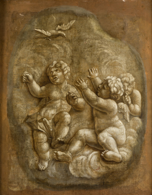 ANÓNIMO S. XIX, "Angelotes jugando", Óleo sobre lienzo