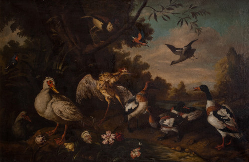 JOSÉ MARTORELL PUIGDOMENECH, "Aves en paisaje", Óleo sobre 