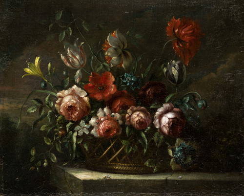 ESCUELA ESPAÑOLA S. XVIII, "Cesta con flores", Óleo sobre l