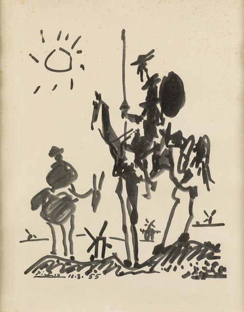 PABLO RUIZ PICASSO, "Don Quijote y Sancho", Litografía sobr