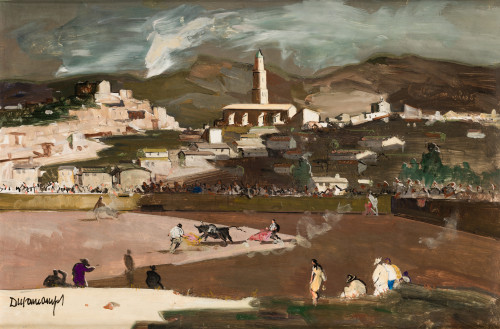 RAFAEL DURANCAMPS, "Corrida de toros", Óleo sobre tablero