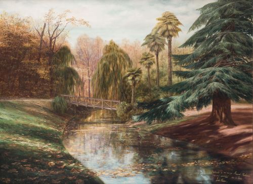 LEÓN  FRÍAS, "Paisaje con rio y puente", 1986, Óleo sobre l