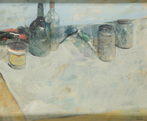 ALEJANDRO QUINCOCES, "Pintura y botella", Óleo sobre lienzo