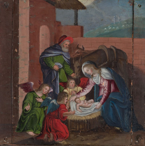 ESCUELA ESPAÑOLA S. XIX, "Natividad", Óleo sobre cobre