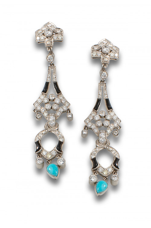 PENDIENTES LARGOS, ESTILO ART DECÓ DE PLATINO, DIAMANTES, Ó