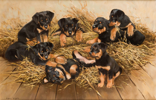 FRANCK WRIGHT, "Rottweilers", Óleo sobre lienzo