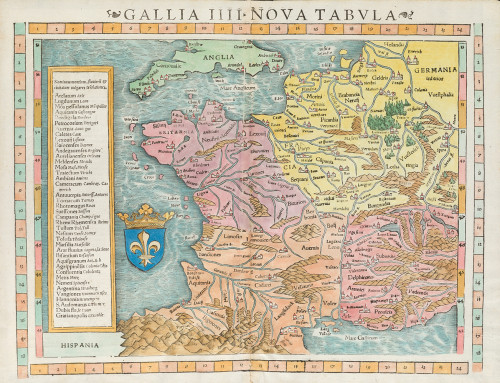 SEBASTIAN MÜNSTER, "Mapa moderno de Gallia", 1552, Grabado 