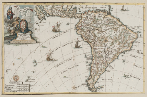 HEINRICH SCHERER, "Mapa de América", Grabado coloreado