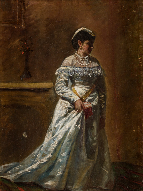 ATRIBUÍDO A EDUARDO ROSALES, "Dama cortesana", Óleo sobre l