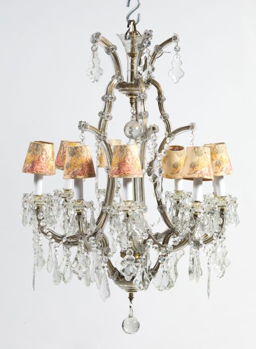 Lámpara techo cristal, 10 luces, pantallas tela