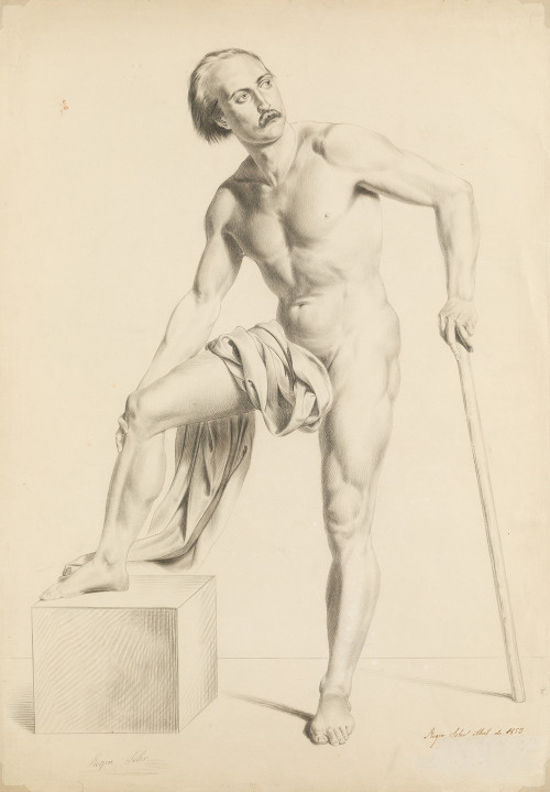 ROQUE SOLER S.XIX, "Academia: Hombre desnudo apoyado en bas