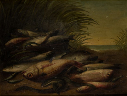ESCUELA ESPAÑOLA 1ª 1/2 S. XVII, "Bodegón de pescado", Óleo