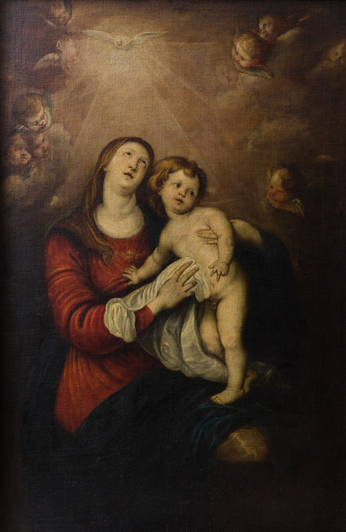 ANÓNIMO S. XVII/S. XVIII, "Virgen con Niño", Óleo sobre lie
