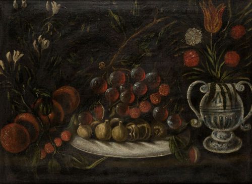 ESCUELA ESPAÑOLA, "Bodegón de frutas y flores", Óleo sobre