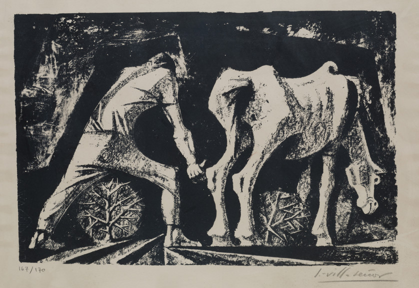MANUEL LÓPEZ VILLASEÑOR, "Campesino con mula" , Litografía
