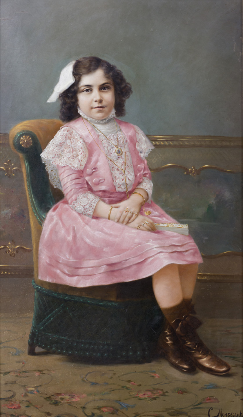 CRISTOFOL-MONTSERRAT-JORBA-Villanueva-y-Geltru-1869-Barcelona-1935-Retrato-de-nina-con-vestido-rosa-1904-120-x-68-cm
