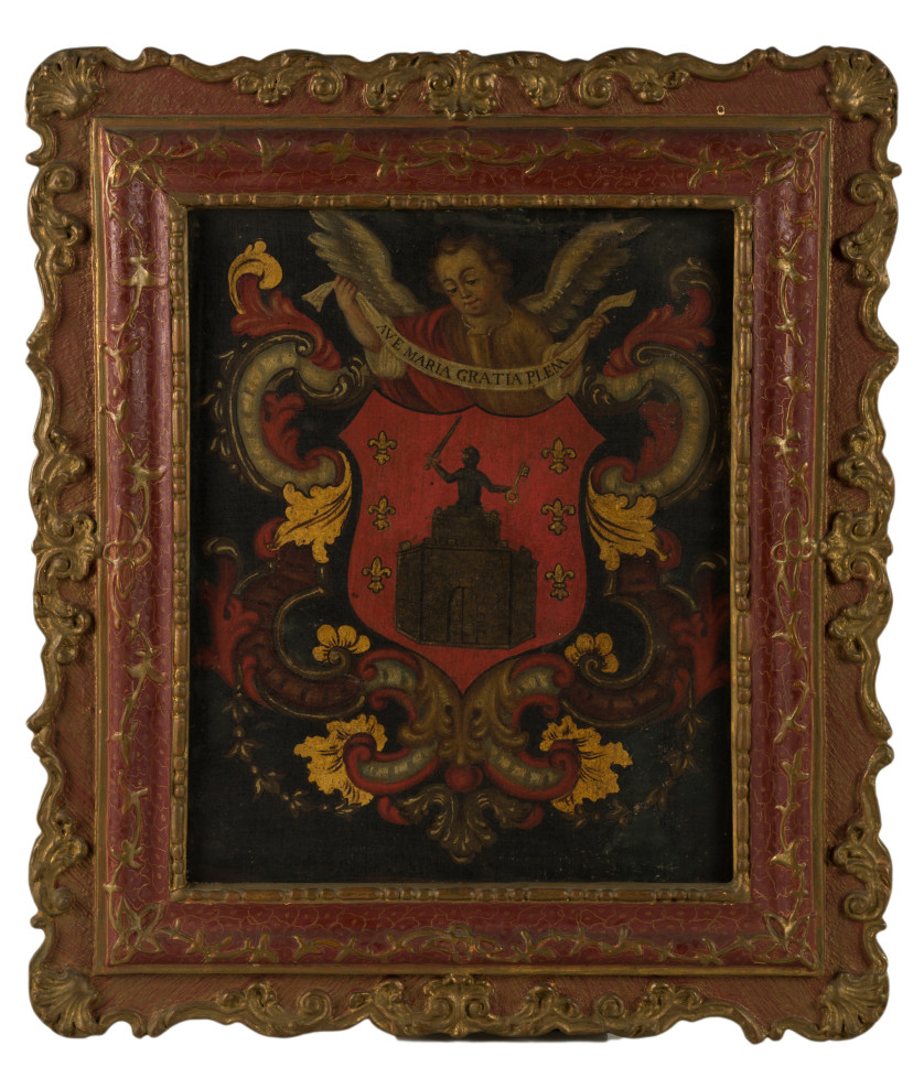 ESCUELA-VIRREINAL-S.-XVIII-Escudo-heraldico-con-Salutacion-Angelica-del-Ave-Maria-40-x-32-cm