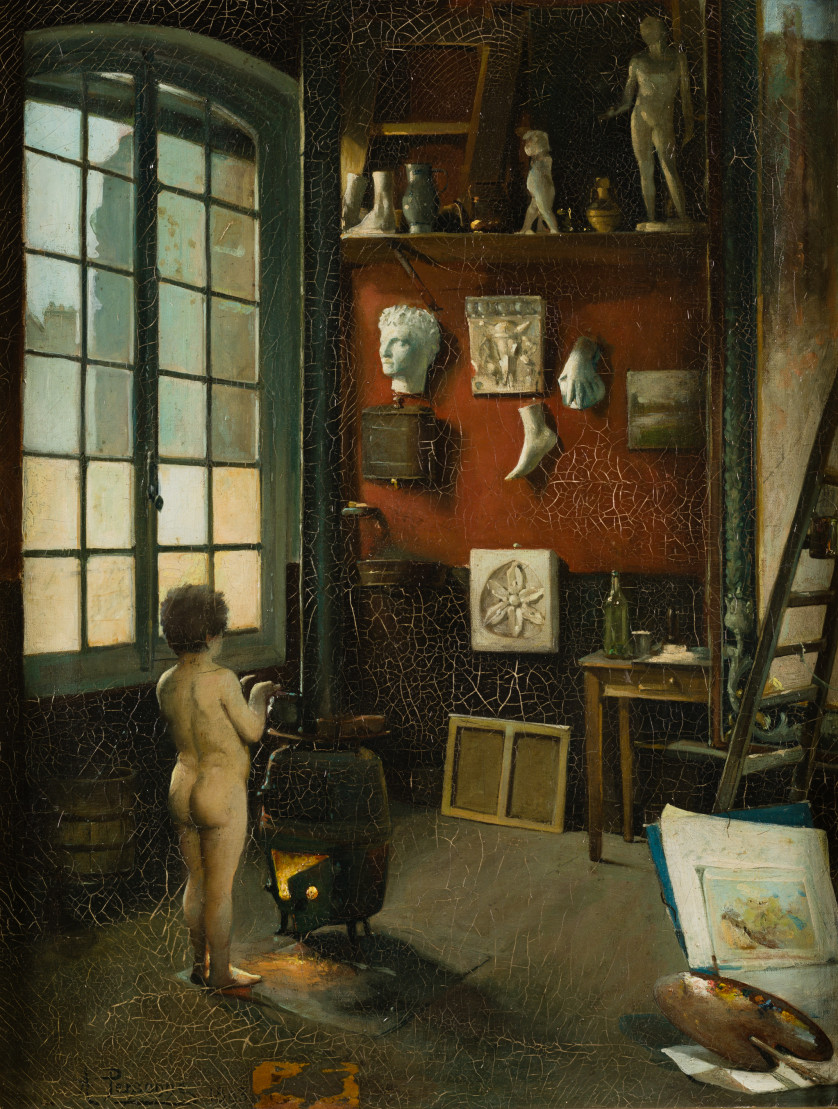 A.-PERSONNE-Francia-S.XIX-Nino-desnudo-calentandose-en-el-estudio-de-un-artista-65-x-50-cm