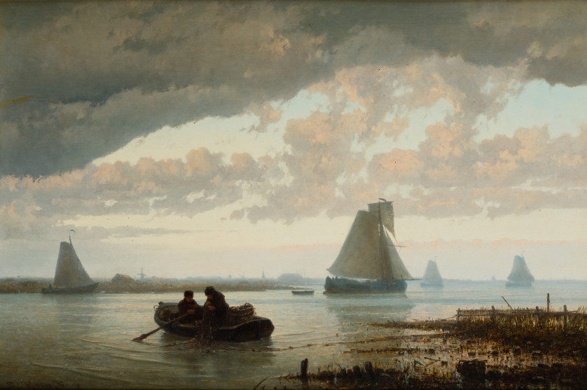 JOHAN-CONRAD-GREIVE-Amsterdam-Paises-Bajos-1837-1891-Paisaje-con-barca-de-remos-barcos-y-ciudad-holandesa-al-fondo-43-x-64-cm