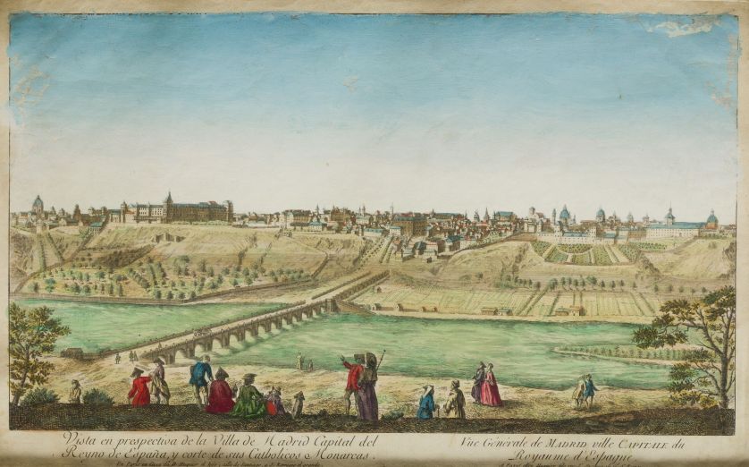 JACQUES-GABRIEL-HUQUIER-Paris-Francia-1725-1805-Vista-de-Madrid-y-Vista-de-Valladolid-Manchas-23-x-39-cm-c-u-