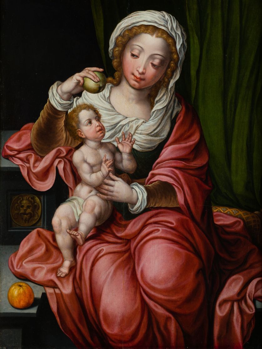 MAESTRO-DE-LOS-MODELOS-DE-PIETER-COECK-Amberes-1-1-2-S.-XVI-Virgen-con-el-Nino-69-x-52-cm.