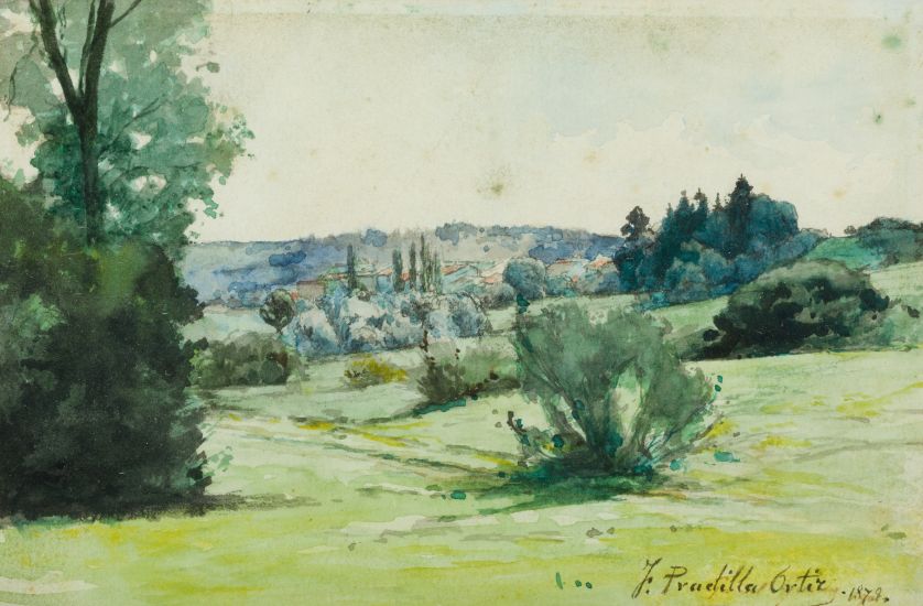 FRANCISCO-PRADILLA-Y-ORTIZ-Villanueva-de-Gallego-1848-Madrid-1921-Paisaje-arbolado-1879-11-x-16-cm-