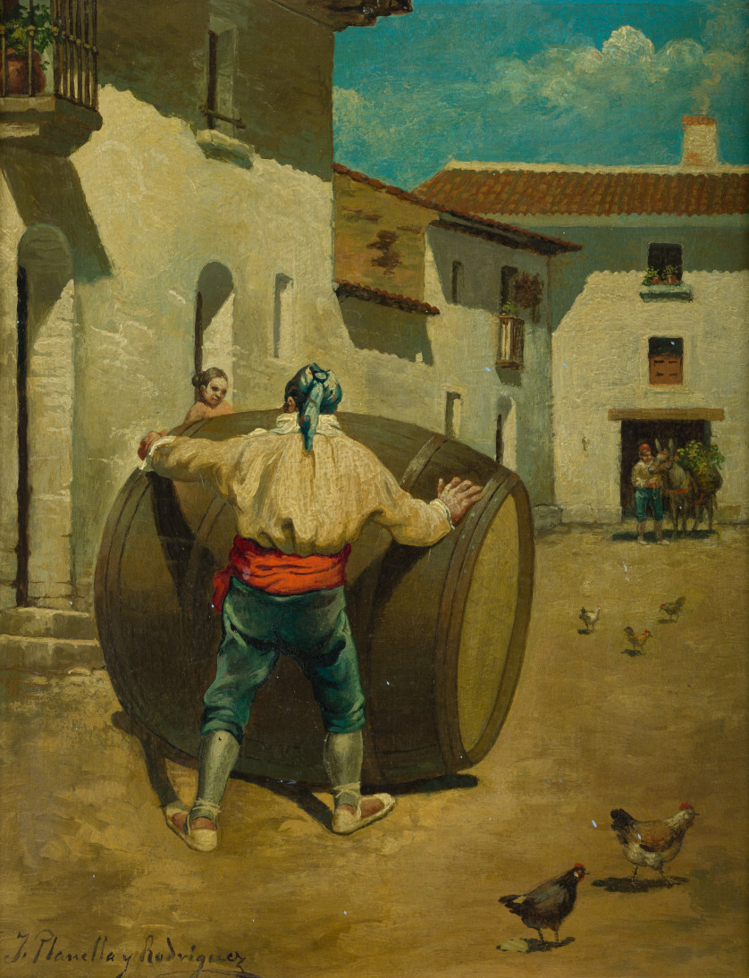 JUAN-PLANELLA-RODRIGUEZ-Barcelona-1850-1910-Moviendo-la-barrica-32-x-26-cm