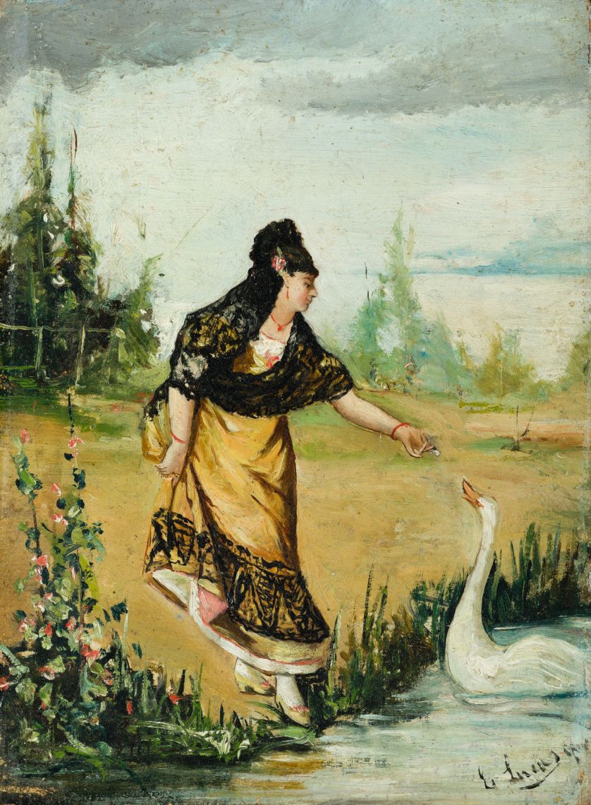 EUGENIO-LUCAS-VILLAMIL-Madrid-1858-1918-Dama-elegante-dando-de-comer-a-un-cisne-21-x-15-5-cm