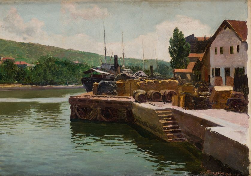 JUAN-MARTINEZ-ABADES-Gijon-1862-Madrid-1920-El-muelle-de-Ripa-1909-32-x-46-5-cm-