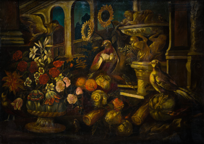 ESCUELA-VALENCIANA-S.-XVIII-Naturaleza-muerta-con-flores-y-aves-en-arquitectura-109-x-152-cm-