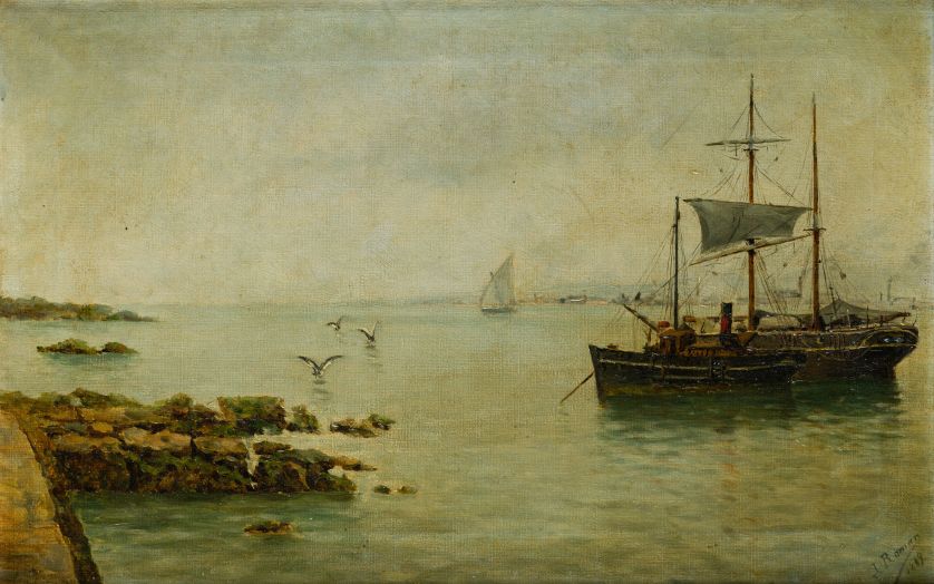 ESCUELA-ESPANOLA-S.-XIX-Barcos-en-la-bahia-del-puerto-1889-30-x-47-cm-