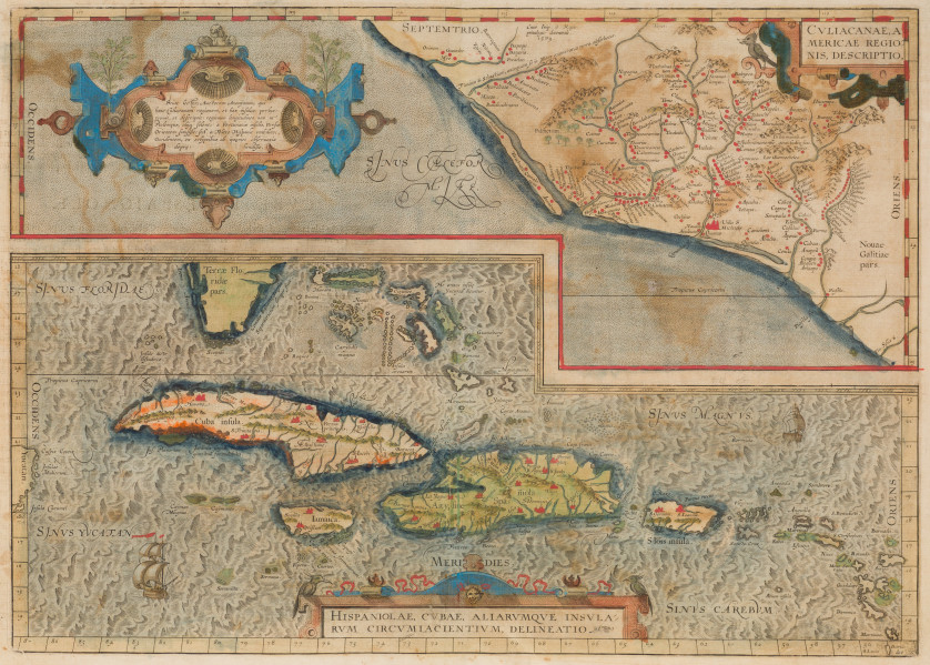 ABRAHAM-ORTELIUS-Amberes-1527-1598-Culiacanae-Americae-Regionis-Descriptio-Hispaniolae-Cubae-Aliarumque-Insularum-Circumiacientium-Delineatio-43-5-x-57-cm