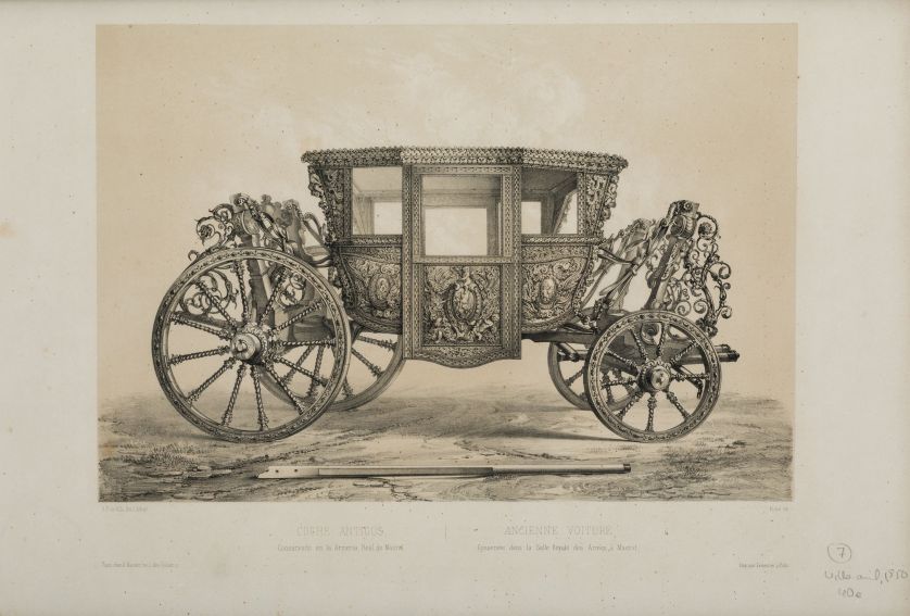MICHEL-CHARLES-FICHOT-Paris-1817-1903-Coche-de-la-Real-Armeria-de-Madrid-37-x-53-cm.