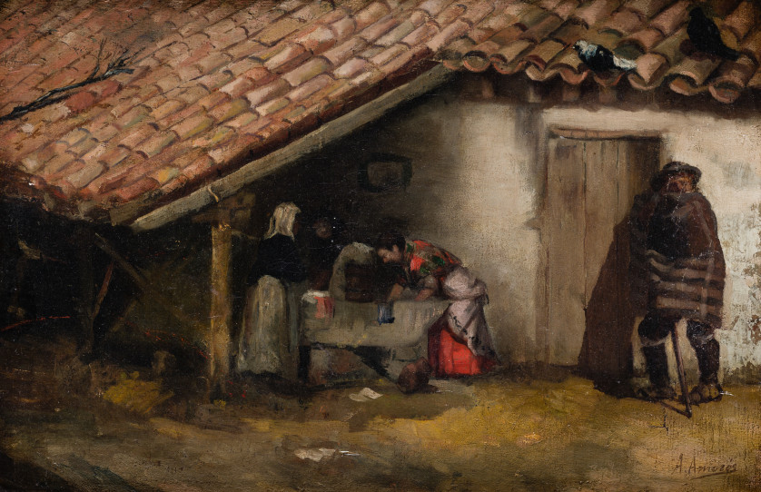 ANTONIO-AMOROS-BOTELLA-Alicante-1849-Madrid-1925-Patio-con-mujeres-lavando-y-personaje-masculino-25-x-37-cm
