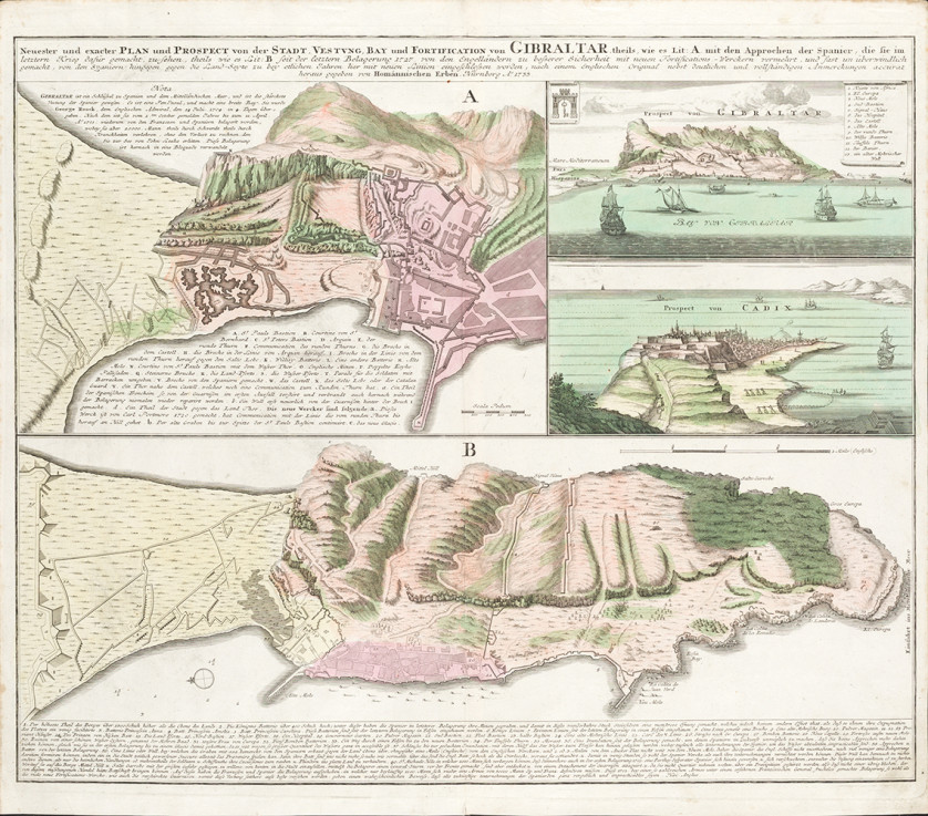 HOMANN-ERBEN-Alemania-1724-1748-Gibraltar-y-Cadiz.-Vistas-y-Planos-Huella-48-6-x-58-3-cm