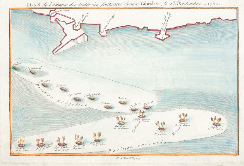 JEAN-FRANCOIS-BOURGOING-Nevers-1748-1811-Gibraltar-ataque-de-las-baterias-flotantes-1803-Huella-16-4-x-25-cm
